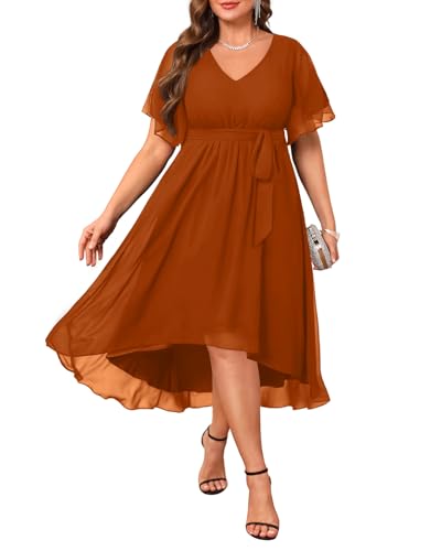 Plus Size Burnt Orange Dresses Wedding Guest Chiffon Sleeve High Low Dress