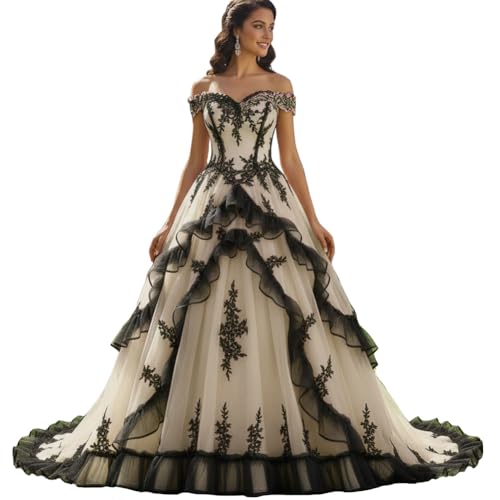 Lemai Off the Shoulder Black Lace Gothic Wedding Dress with Ruffles for Women Long Princess Ball Gown Prom Quinceanera Dress Beige 14