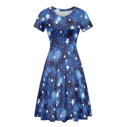 Beauty Collector Galaxy Blue Star Dress for Women Crewneck Short Sleeve Summer Floral Flared Maxi Dress