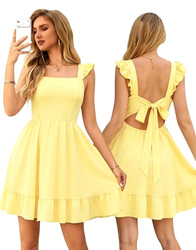Womens Yellow Summer Dress Square Neck Ruffle Tie Back Boho A-Line Sundress | Summer Dresses for Women Ruffle Sleeve Casual Short Mini Dresses Tie Back Square Neck Everyday Dresses