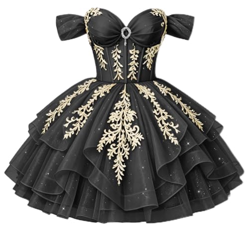 KPYURC Black Gold Lace Homecoming Dresses Tulle DAMA Dress Size 0 | Sweetheart Neck Dama Dress for Quinceanera, Lace Applique Short Prom Dress, Off Shoulder Puffy Cocktail Dress, Built-in Bra