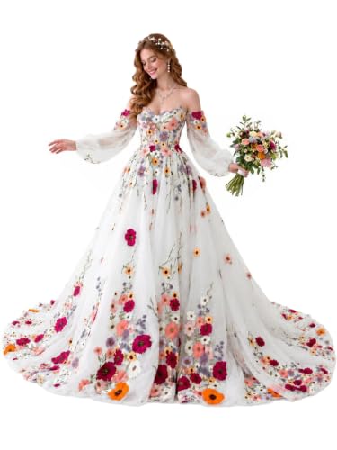 Flybridal Whimscial 3D Flower Garden Wedding Dress for Bride White US16 | Fairy Off the Shoulder Long Sleeve Bridal Dresses,Romantic Embroidered Floor Length Prom Gown,Bulit in Bra,Lace-up Back