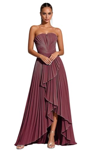 Thliopghts High Slit Ruffle Bridesmaid Dress Strapless Pleated Wedding Guest Dress Chiffon Long Gown Mulberry