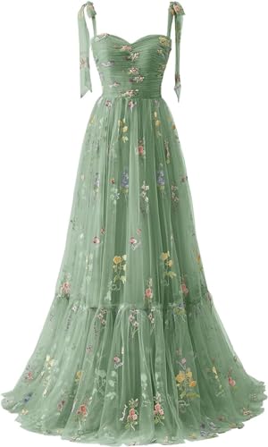 Prom Dresses for Women's Flower Embroidery Tulle Elegant 2025 Long Spaghetti Straps Homecoming Evening Cocktail Party Formal Ball Gowns