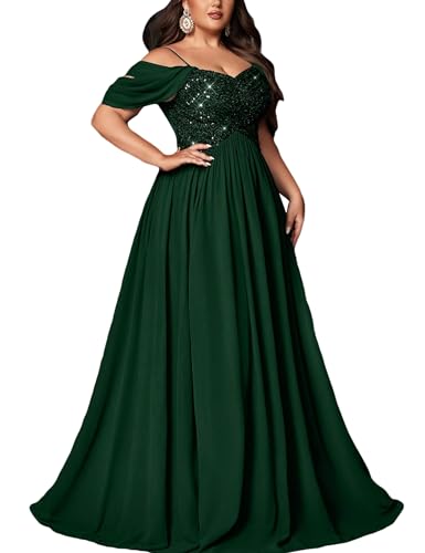 VOUIAO Women Plus Size Formal Dresses Sequin Bridesmaid Dress Dark GreenL | curvy,off shoulder,a line,empire waist,spaghetti strap,stretchy back,homecoming long dress,party cocktail prom evening gowns