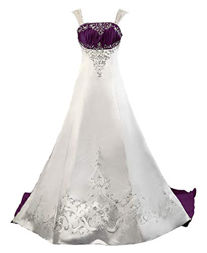 Lafkxn Women's Detachable Straps Embroidery Satin Wedding Dress Bride Gown Size 20 White Purple