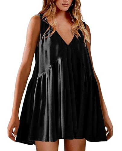 Womens Summer Babydoll Mini Dress Casual Swing Flowy Beach Sundress(黑L) | V Neck Sleeveless Country Dress,Plus Size Loose Shift Western Dress,2 Deep Pockets, A Line Short Tank Dress