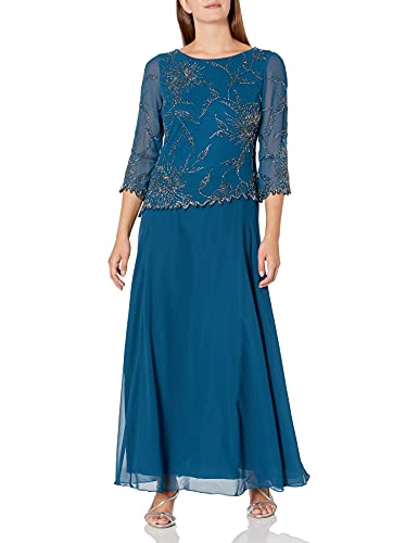 J Kara Women's Scoop Neck Line with 3/4 Sleeve Beaded Top Long Dress, Teal/Multi, 10