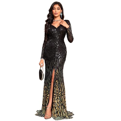 TOLEEN Women's Formal Sequin Bodycon Long Sleeve Prom Dresses Elegant Evening Party Maxi Dresses Black