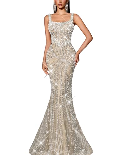 VOUIAO Women Beaded Mermaid Prom Dress Sequin Formal Evening Gown Beige S