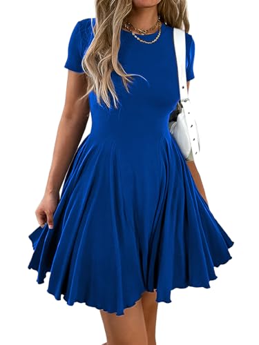 Mieazom Crewneck Fit and Flare Swing Flowy Skater Mini Dress Royal Blue M | Summer,Cute Ruffle Hem,Short Sleeve,Drop Waist,Casual A Line,Stretchy,Pleated T Shirt Dress,Beach Sundress,Party,Vacation