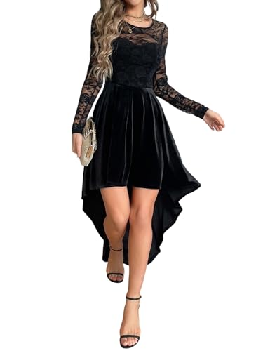 GothDark Women's Velvet Lace Sleeve High Low Gothic Cocktail Wedding Dress