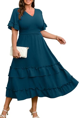 RWJ Plus Size Women's Ruffle Sleeve V Neck Tiered Maxi Dress Lake Blue 2XL