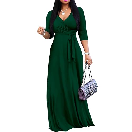 Mrskoala Women Plus Size Long Maxi Wrap Dresses Summer Sundress V-Neck 3/4 Sleeve Green XL