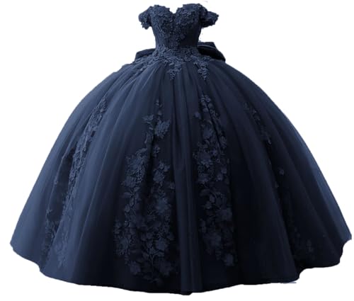TRHTX Quinceanera Dress with 3D Flowers Navy Blue Lace Sweet 16 Gown Size 2