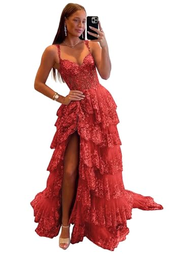 KIRGNT Red Tiered Sequin Prom Dresses Long for Women Layered Sparkly Lace Tulle Corset Floor Length Formal Evening Party Gowns with Slit US4