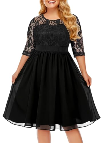 Pinup Fashion Plus Size Lace Chiffon Wedding Guest Dresses Women Cocktail Party Midi Dress Black Size 24 Plus Half Sleeve
