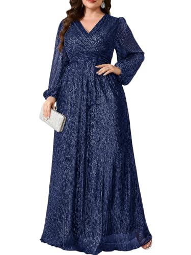 Plus Size Sparkly Evening Gown V Neck Wrap Formal Dress Holiday Prom Gala, Dark Blue, 5X