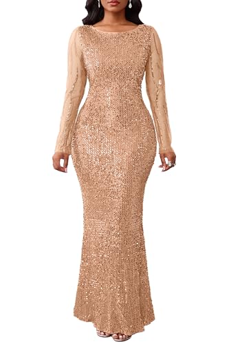 VERWIN Women's Sequins Bodycon Sparkly Mermaid Maxi Dress - Casual Party Cocktail - L Camel