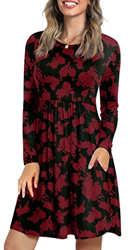 LONGYUAN 2026 Women's Long Sleeve Dresses Casual Fall Sundress Hide Belly Swing Dress Trendy Sundress Fl L Red-Flowers