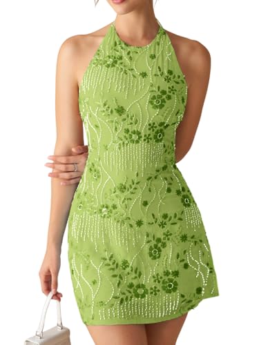EHSUYAB Women 2000S Beaded Mini Dress Backless,Sparkly Sequin Rhinestone Floral Embellished Dresses,Homecoming Cocktail Party Bright Green Small