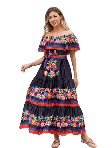 Women Mexican Dress Off Shoulder Floral Long Maxi Dress Summer Beach Party Cinco de Mayo Dresses with Belt Black L