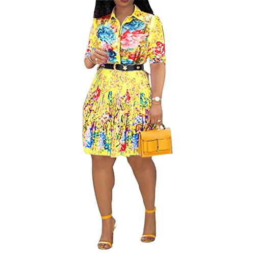 VERWIN Lapel Three-Quarter Sleeve Knee Length Pleated Floral Women's Sheath Dress L