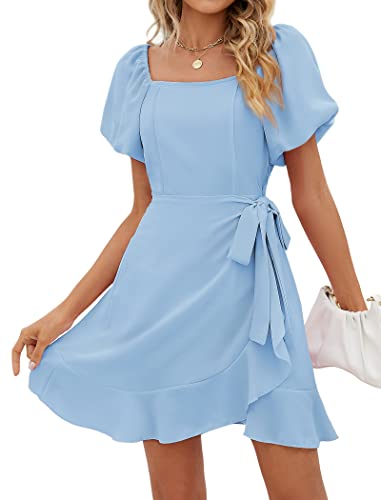 Sampeel Dresses for Women 2025 Puff Sleeve Wrap Dress Light Blue Dress Wrap A Line Evening Party Dress Blue S