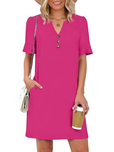 Prinbara Womens Summer Casual Dresses Ruffle Short Sleeve V Neck Button 2026 Spirng Vacation Beach Loose Boho Shift Dress Hot Pink