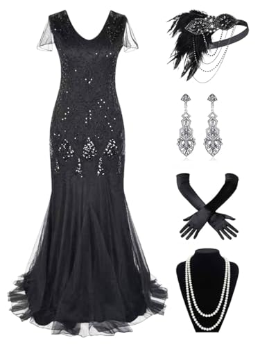 869A - Plus Size 1920s Vintage Fringed Gatsby Dimand Sequin Tassels Flapper Party Cocktail Maxi Dress with Accessories (Black Black Maxi, 2X)
