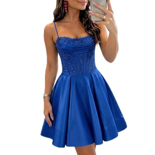 BABYONLINE D.R.E.S.S. Satin Sequin Homecoming Dress Spaghetti Straps A Line DAMA Dresses Short HOCO Dresses Royal Blue M