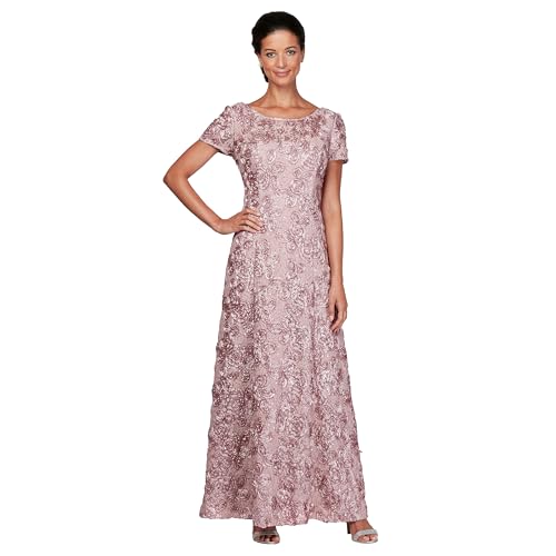 Alex Evenings Women's Long Rosette Mother of The Bride Dress with Short Sleeves, Wedding Guest, Rose, 12 Petite