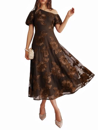 Evadellia Womens Floral Mesh Wedding Guest Cocktail One Shoulder Midi Dress