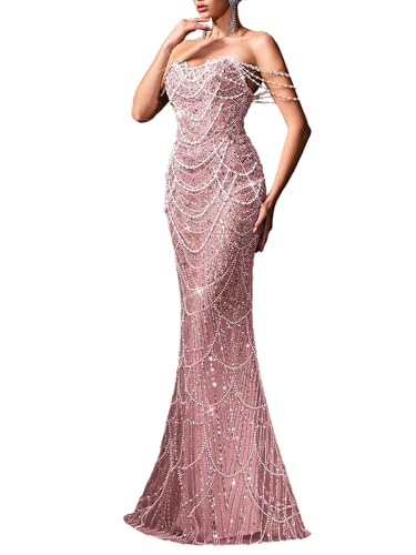 VOUIAO Women Strapless Evening Gown Beaded Bodycon Maxi Dress Pink XL