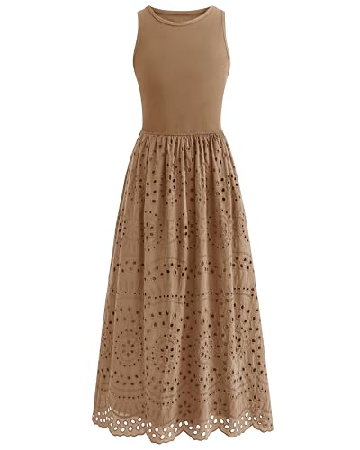 dowerme Women Sleeveless Lace Eyelet Cotton Tank Maxi Dress,Khaki,M | Summer Casual Crewneck A-Line Dresses 2026,Fall Knit And Woven Boho Sundress with Pockets,Cute Wedding Beach Vacation Clothes