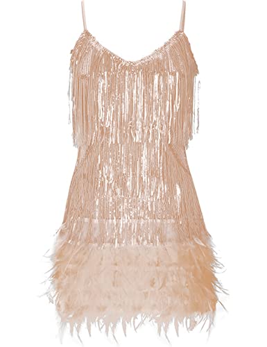 Women's Sequin Cocktail Dresses 1920s Flapper Dress Gatsby Fringe Mini Dresses Feather Prom Party Dress(A-Beige,M)