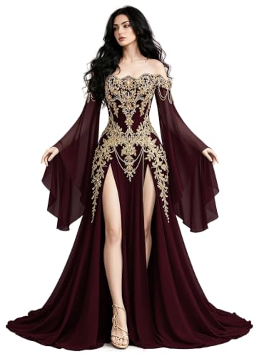Mauuwy Gold Wedding Gown for Bride with Tassel Burgundy Deep Size 12