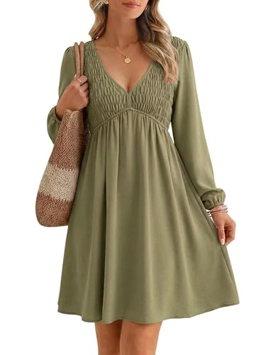 BerryGo Womens Long Sleeve Flowy Fall Wedding Guest Mini Dress with Pocket | Empire Waist, A Line V Neck Swing Babydoll, Weatern Country Casual, Holiday Party, Smocked Short Dress, Bridal Shower