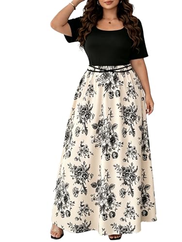 Women's Floral Maxi Dress, Square Neck Short Sleeve Top with White Floral Print Long Skirt, Black and White (US, Alpha, 5X, Plus, Regular, Black)