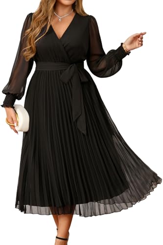 Pinup Fashion Black Plus Size Wedding Guest Fall Formal Cocktail Dress | Wrap v-neck, lantern long sleeves, empire waist with tie belt, pleated chiffon A-line skirt, for funeral, fall, winter