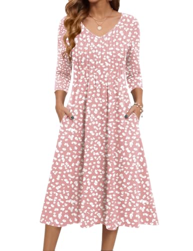 Zeagoo Summer Floral Midi Dress Pockets 3/4 Sleeve Plus Dress Pink White | Women's Floral Midi Dress with Pockets, 3/4 Sleeve Plus A-Line Empire Waist Casual Sundress, Vacation, Fall Winter