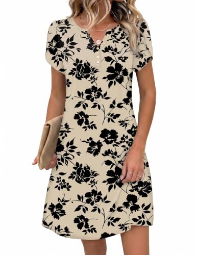 Zeagoo Women's Casual Dresses with Pockets Summer Floral V-Neck A-Line Tshirt Dress Short Sleeve Mini Dress Beach Sundress