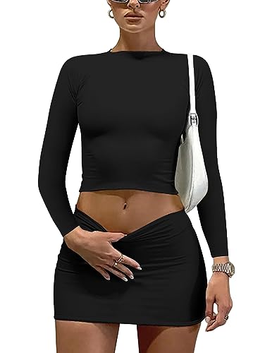 LAGSHIAN Women 2 Piece Long Sleeve Crop Top Bodycon Mini Dress Black