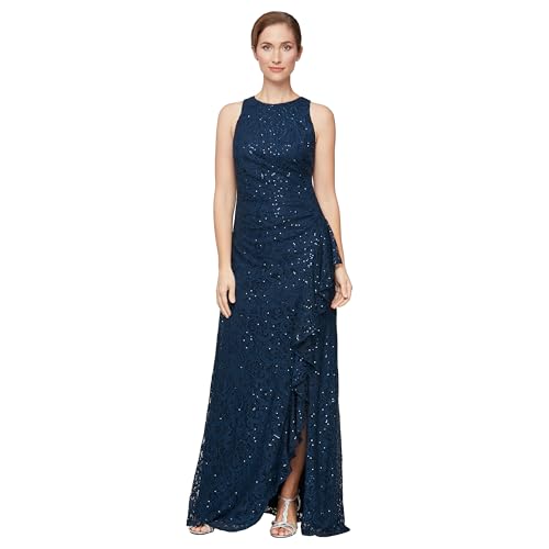 Alex Evenings womens Long Sleeveless Cascade Ruffle Detail With Front Slit Special Occasion Dress, Navy Sequin, 16 US