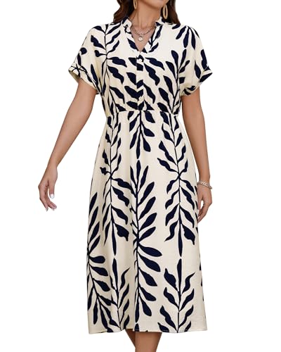 QILORA Women's Casual Summer Midi Dress V Neck Short Sleeve Flowy Dress