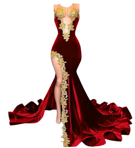MTVOPN Velvet Prom Dresses Beaded Applique Sleeveless Celebrity Pageant Split Mermaid Evening Gala Gown Red