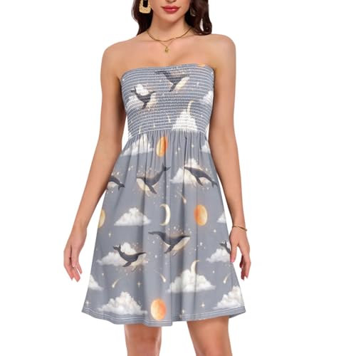 VIGTRO Whales Clouds Moons Stars Strapless Dress for Women Smocked Tube Top Dress Summer Casual A-Line Sundress for Beach Vacation Party Size L