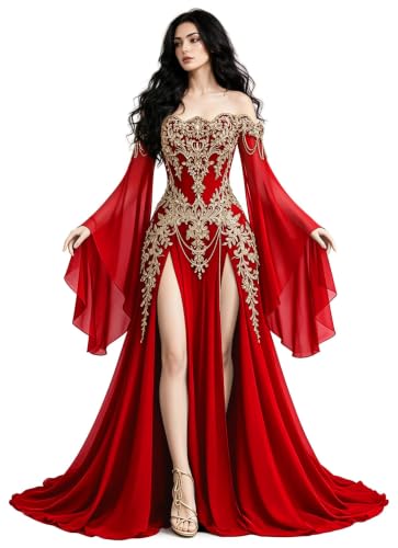 Mauuwy Vintage 1860s Flare Sleeves Bridal Gowns with Split Red Size 10 | Gold Beaded Wedding Dress, with Tassels, Flare Sleeves, for Cosplay Convention, Prom Festival