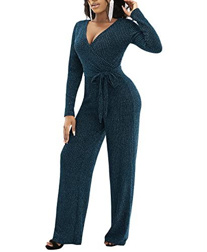 LightlyKiss Women's Sexy Deep V-Neck Jumpsuits Long Sleeve High Waist Sparkly ClubWear Loose Pants with Belt CyanBlue