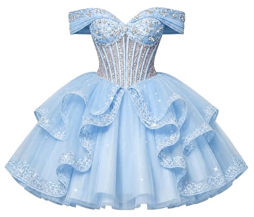 Mauuwy Tulle Homecoming Dresses Short Formal Prom Light Blue Ball Gown
